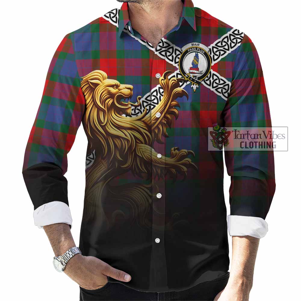 Mar Crest Tartan Long Sleeve Button Shirt with Golden Lion Emblem Celtic Style - Tartan Vibes Clothing