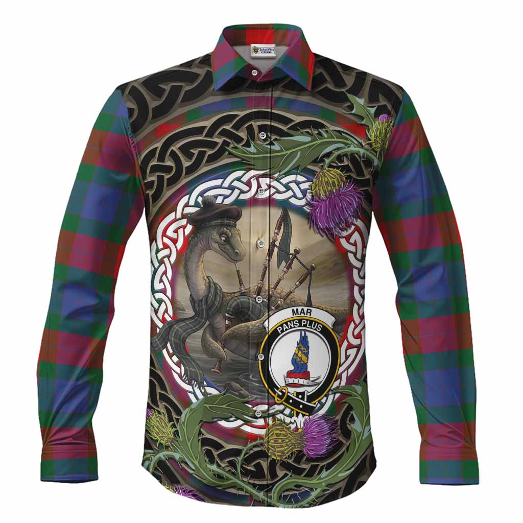 Mar Tartan Crest Bagpipe Nessie Long Sleeve Button Shirts Scottish Loch Ness Monster Celtic Thistle