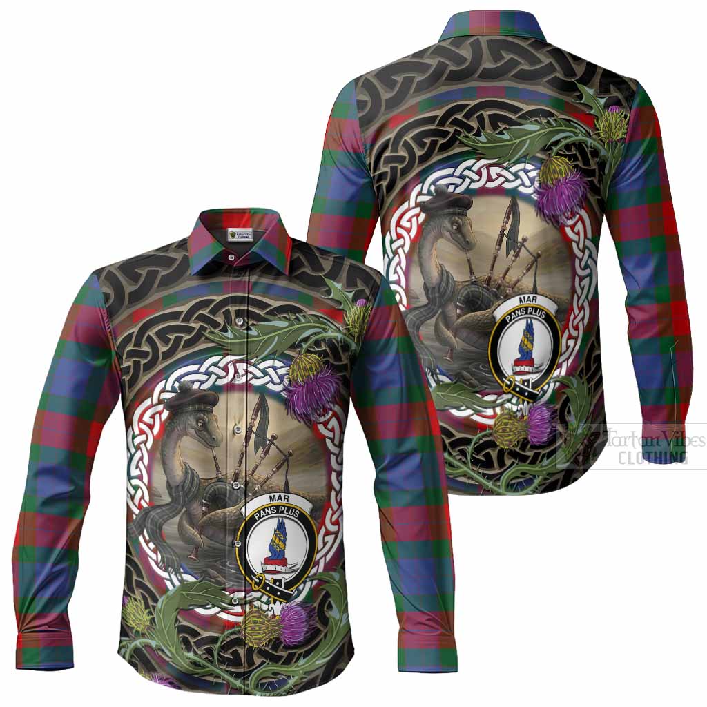 Mar Tartan Crest Bagpipe Nessie Long Sleeve Button Shirts Scottish Loch Ness Monster Celtic Thistle