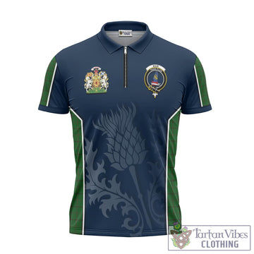 Mar Tribe Tartan Zipper Polo Shirt with Family Crest and Scottish Thistle Vibes Sport Style Unisex - Tartan Vibes Clothing