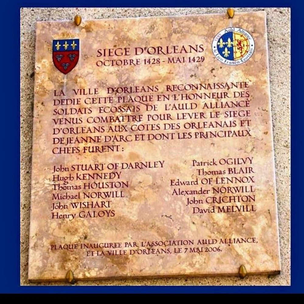Marble plaque in Orléans honoring Hugh Kennedy and other Scots of the Auld Alliance who fought with Joan of Arc at the Siege of Orléans.