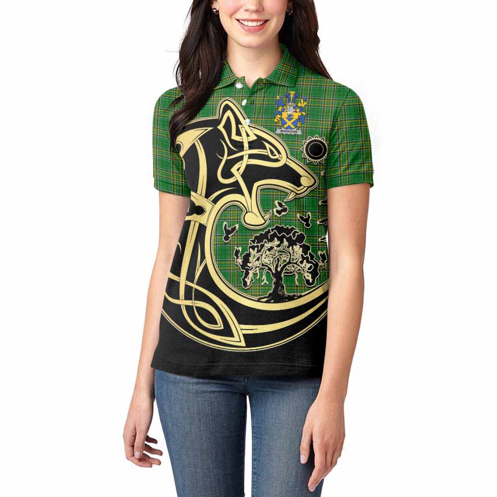 Markham Irish Tartan Women's Polo Shirt with Coat of Arms Celtic Wolf Style - Tartan Vibes Clothing