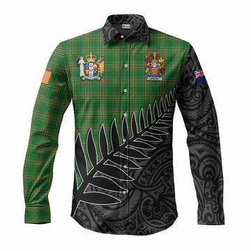 Marlay Irish Clan Tartan Long Sleeve Button Shirt with Coat of Arms New Zealand Silver Fern Half Style Men's Shirt S - Tartan Vibes Clothing