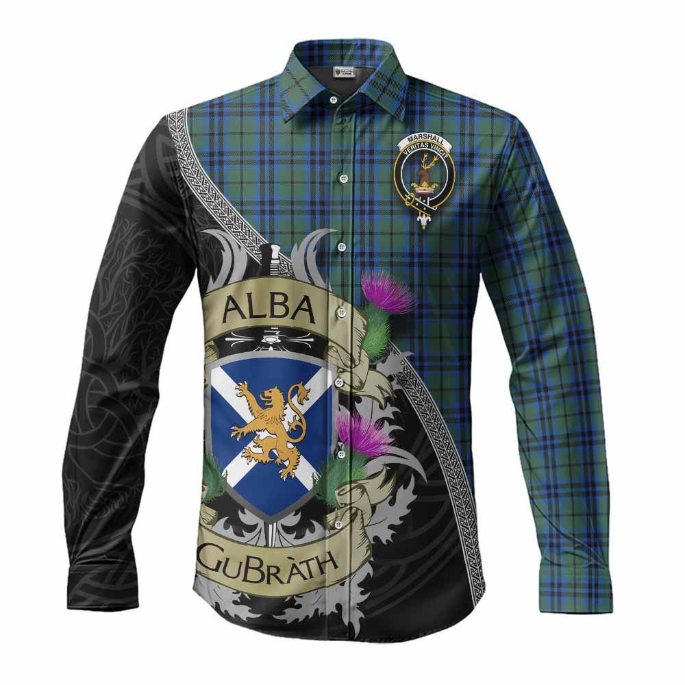 Tartan Vibes Clothing Marshall Tartan Family Crest Long Sleeve Button Shirt Lion Rampant Royal Thistle Shield Celtic Inspired