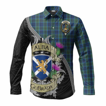 Marshall Tartan Family Crest Long Sleeve Button Shirt Lion Rampant Royal Thistle Shield Celtic Inspired