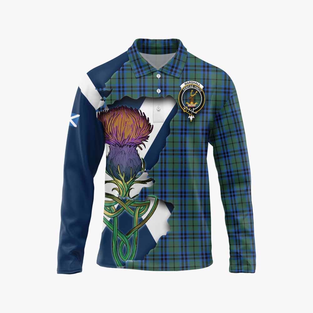 Tartan Vibes Clothing Marshall Tartan Family Crest Long Sleeve Polo Shirt Scottish Thistle Celtic Inspired