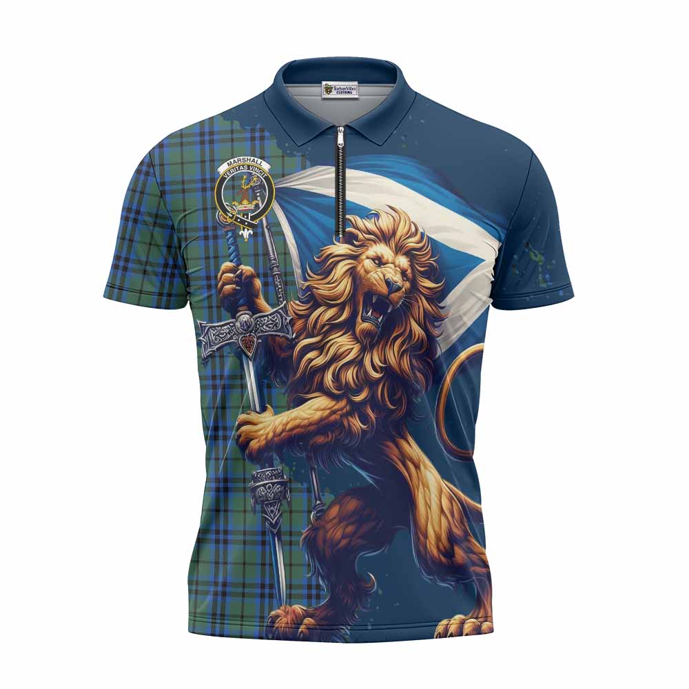 Tartan Vibes Clothing Marshall Tartan Family Crest Zipper Polo Shirt with Scottish Majestic Lion