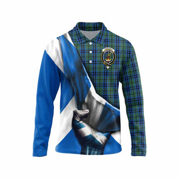 Marshall Tartan Long Sleeve Polo Shirt with Family Crest Scotland Patriotic Style