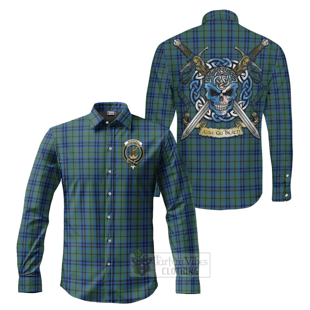Tartan Vibes Clothing Marshall Tartan Long Sleeve Button Shirt with Family Crest Celtic Skull Style