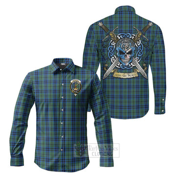 Marshall Tartan Long Sleeve Button Shirt with Family Crest Celtic Skull Style