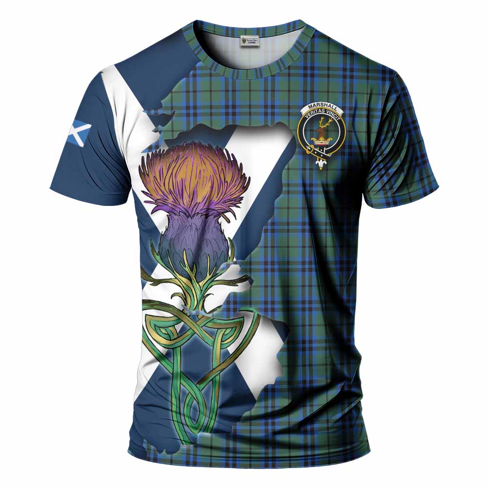 Tartan Vibes Clothing Marshall Tartan Family Crest T-Shirt Scottish Thistle Celtic Inspired