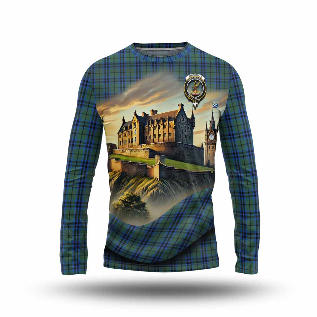 Tartan Vibes Clothing Marshall Tartan Family Crest Long Sleeve T-Shirt with Scottish Ancient Castle Style