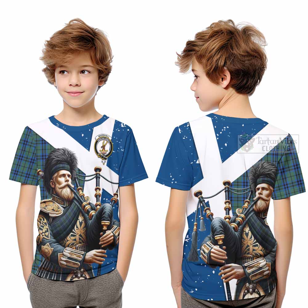 Tartan Vibes Clothing Marshall Tartan Kid T-Shirt with Family Crest Scottish Bagpiper Vibes