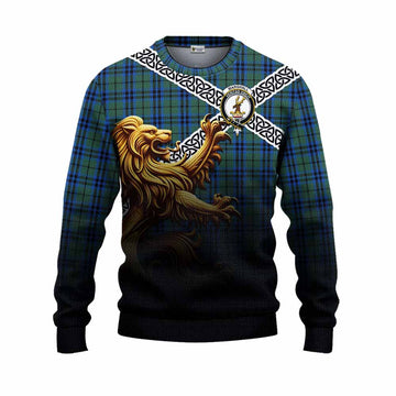 Marshall Crest Tartan Knitted Sweater with Golden Lion Emblem Celtic Style
