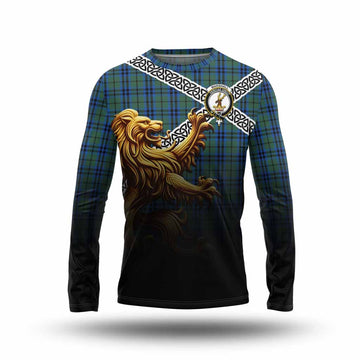 Tartan Vibes Clothing Marshall Crest Tartan Long Sleeve T-Shirt with Golden Lion Emblem Celtic Style