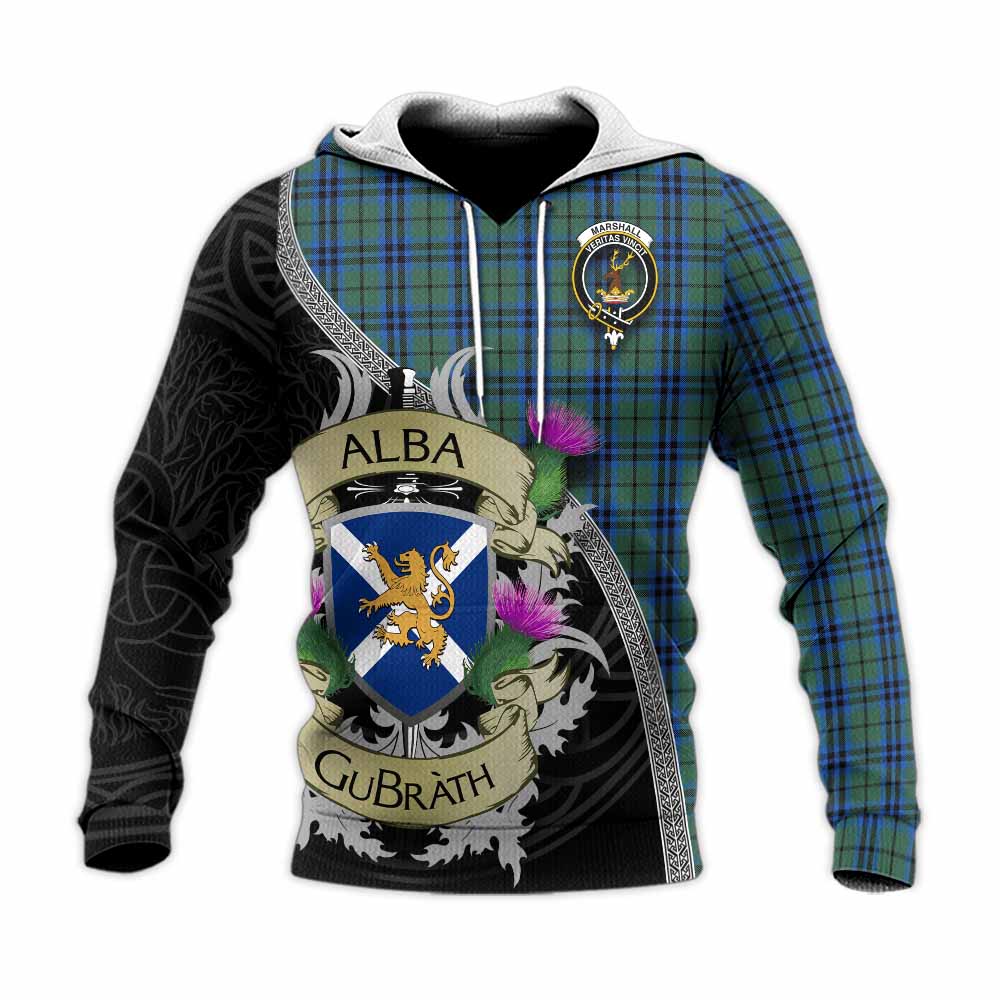 Tartan Vibes Clothing Marshall Tartan Family Crest Knitted Hoodie Lion Rampant Royal Thistle Shield Celtic Inspired