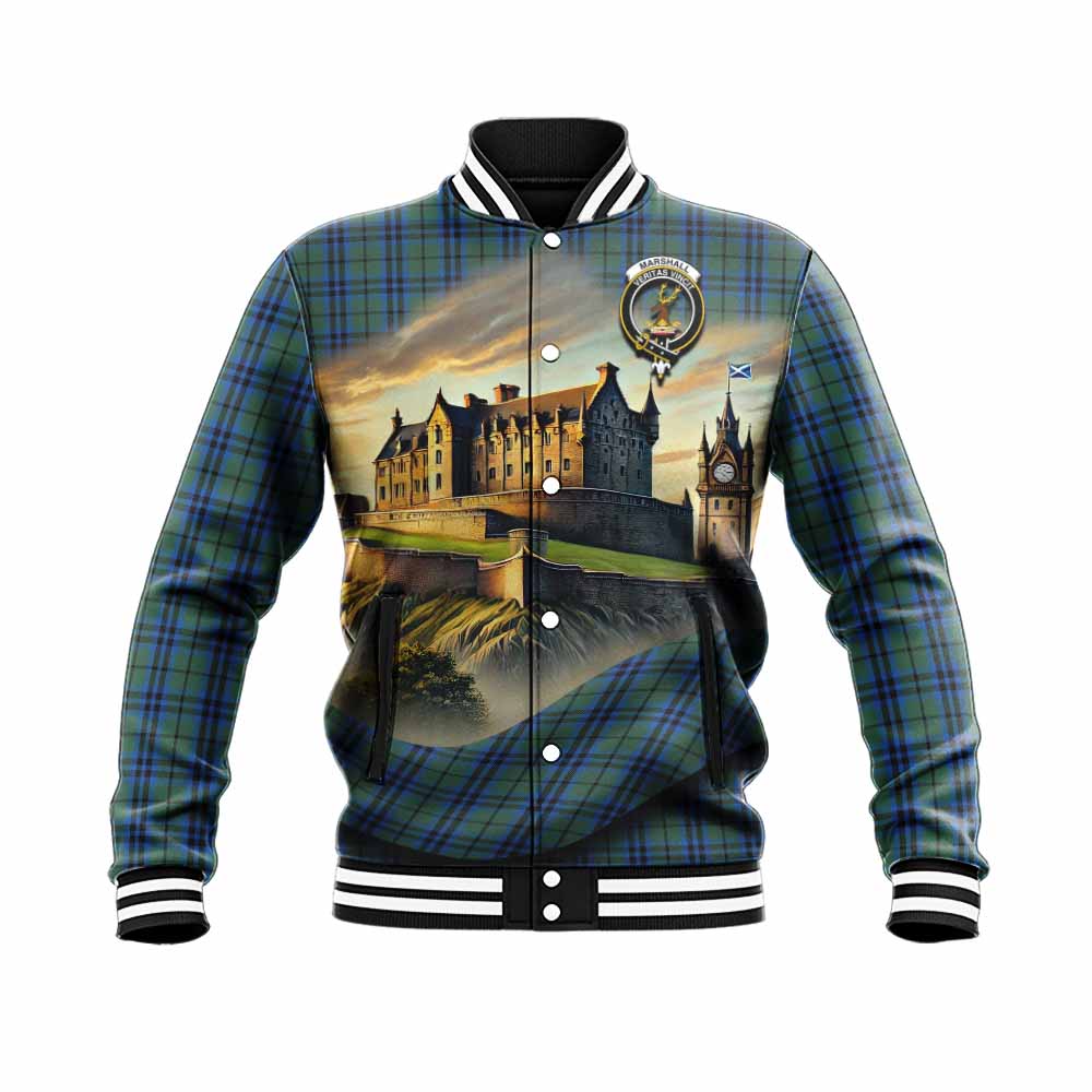 Tartan Vibes Clothing Marshall Tartan Family Crest Baseball Jacket with Scottish Ancient Castle Style