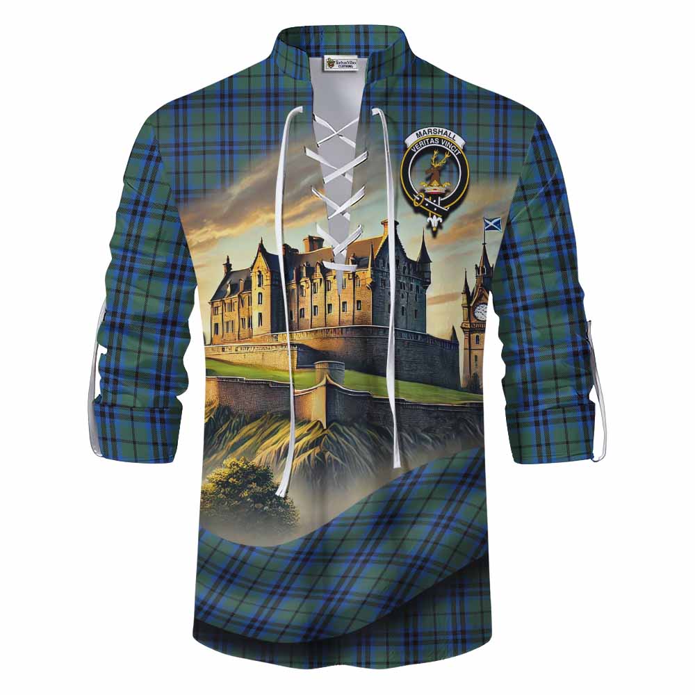 Tartan Vibes Clothing Marshall Tartan Family Crest Ghillie Kilt Shirt with Scottish Ancient Castle Style