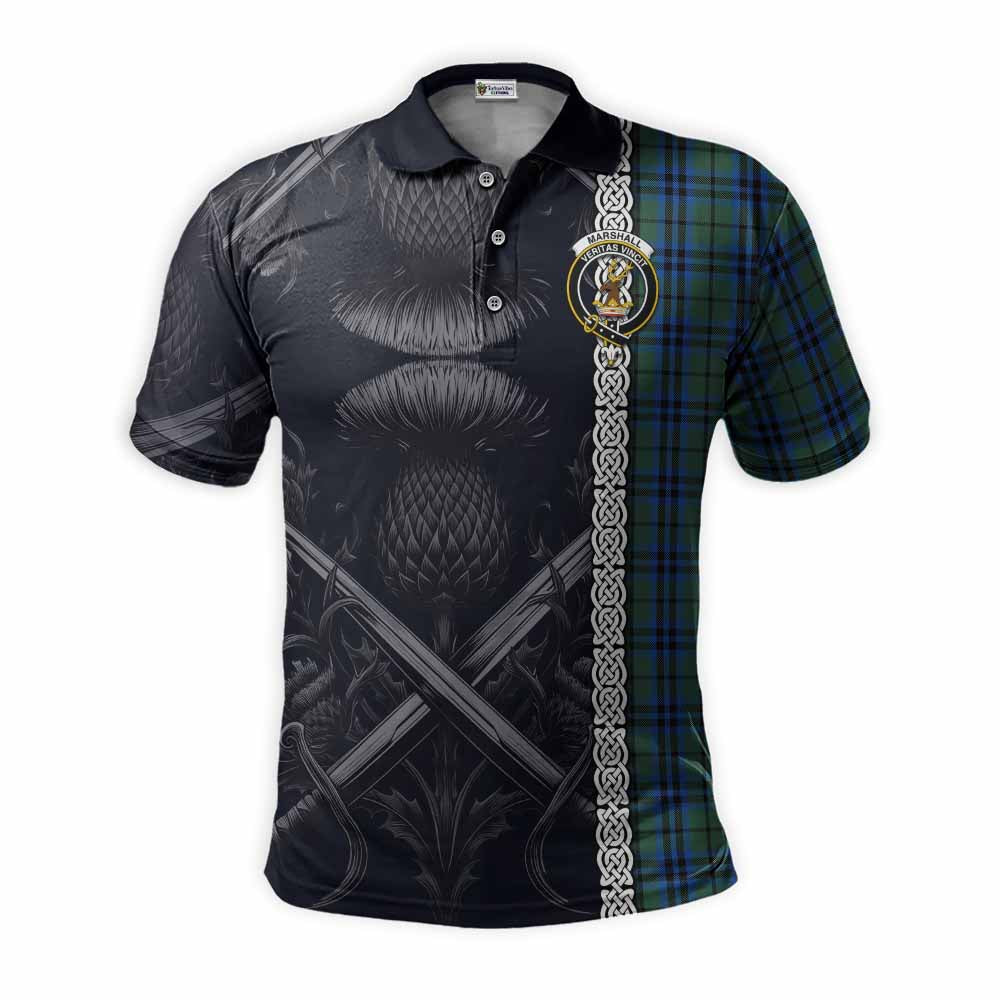 Tartan Vibes Clothing Marshall Tartan Polo Shirt with Family Crest Cross Sword Thistle Celtic Vibes
