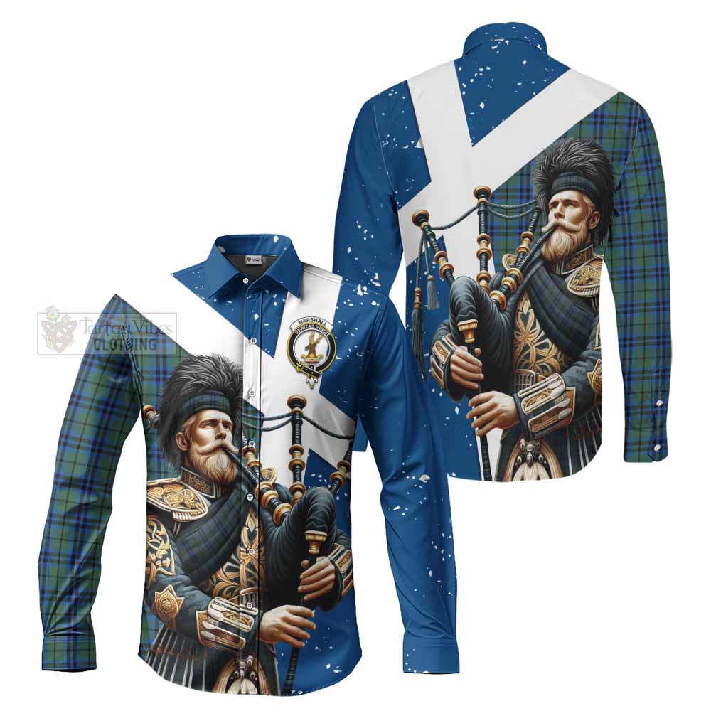 Tartan Vibes Clothing Marshall Tartan Long Sleeve Button Shirt with Family Crest Scottish Bagpiper Vibes