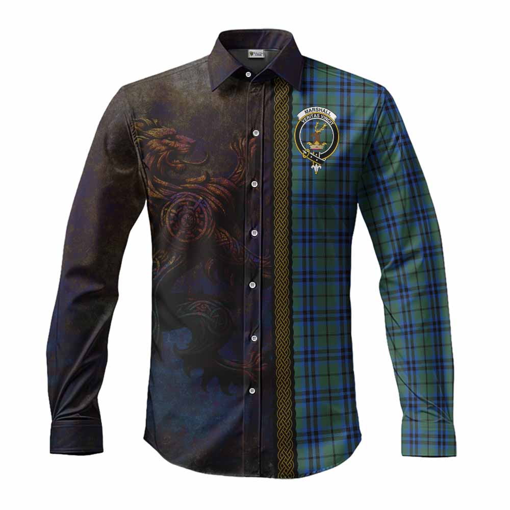 Tartan Vibes Clothing Marshall Tartan Family Crest Long Sleeve Button Shirt Alba Gu Brath Be Brave Lion Ancient Style