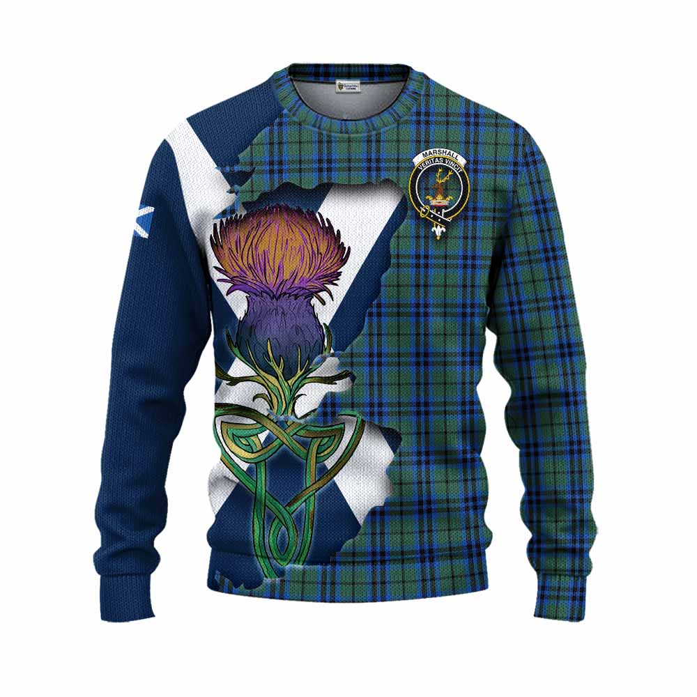 Tartan Vibes Clothing Marshall Tartan Family Crest Knitted Sweater Scottish Thistle Celtic Inspired