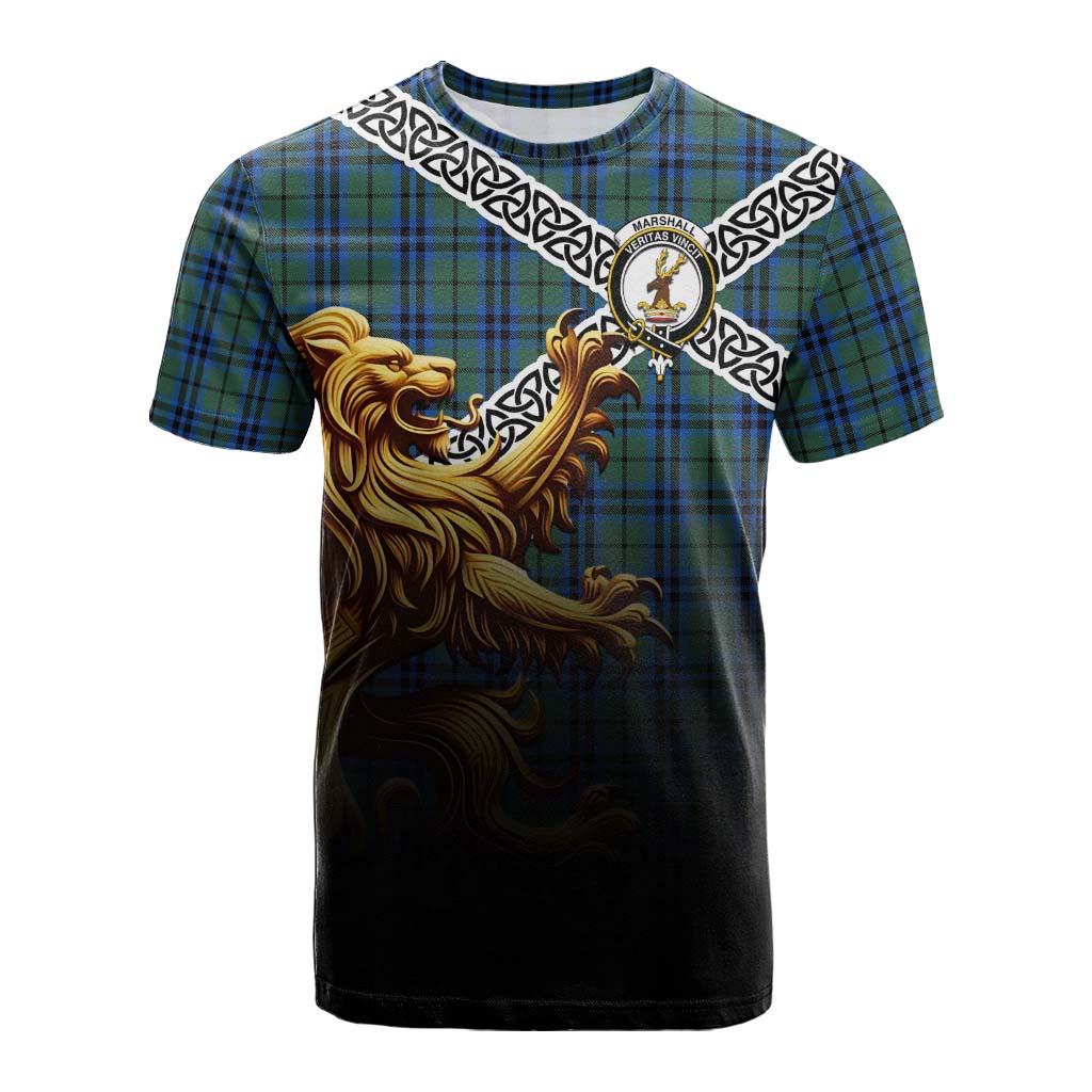 Tartan Vibes Clothing Marshall Crest Tartan Cotton T-shirt with Golden Lion Emblem Celtic Style