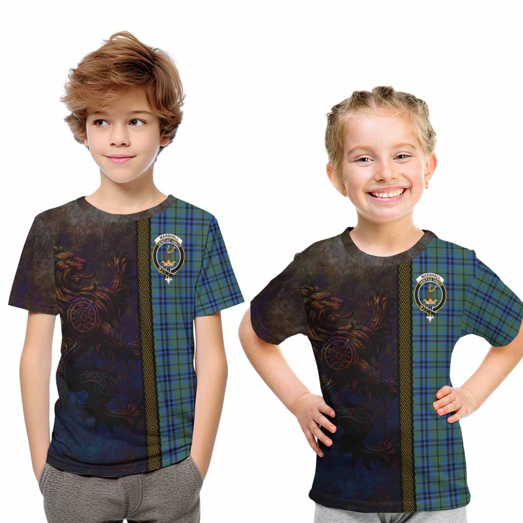 Tartan Vibes Clothing Marshall Tartan Family Crest Kid T-Shirt Alba Gu Brath Be Brave Lion Ancient Style