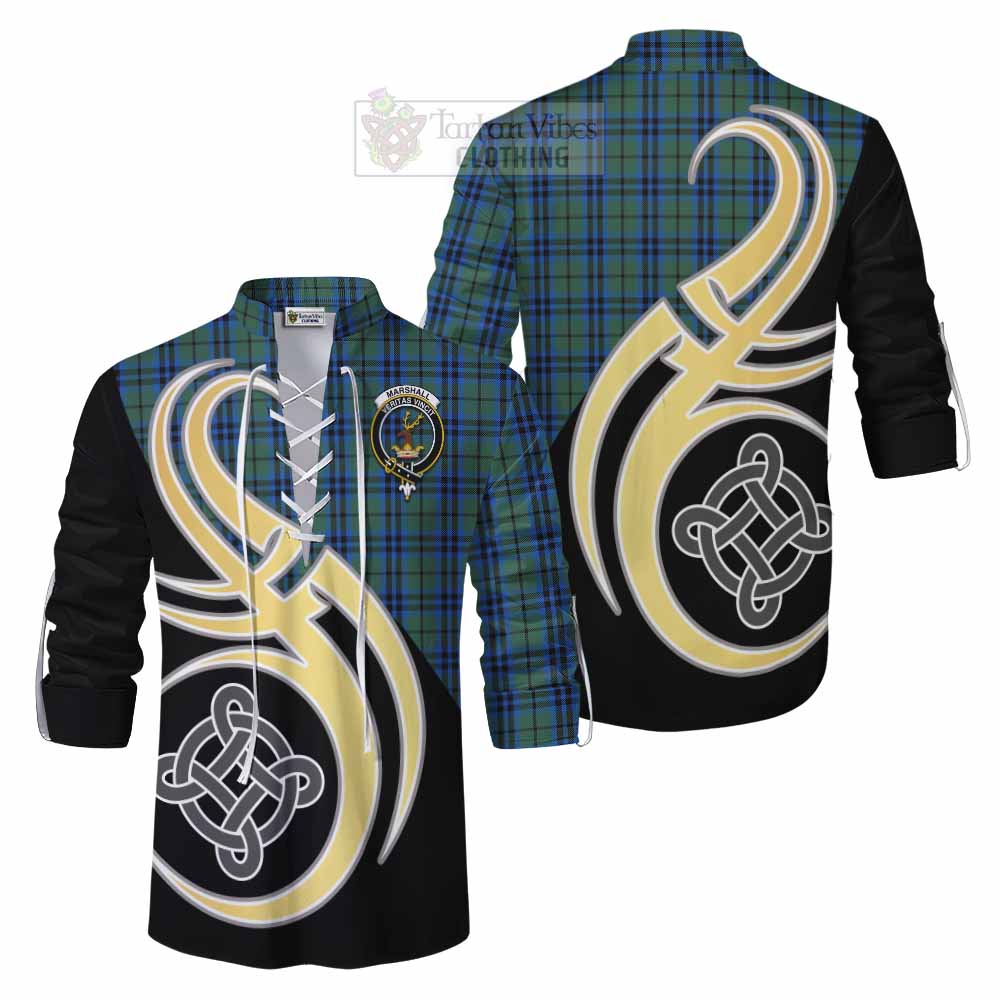 Tartan Vibes Clothing Marshall Tartan Ghillie Kilt Shirt with Family Crest and Celtic Symbol Style