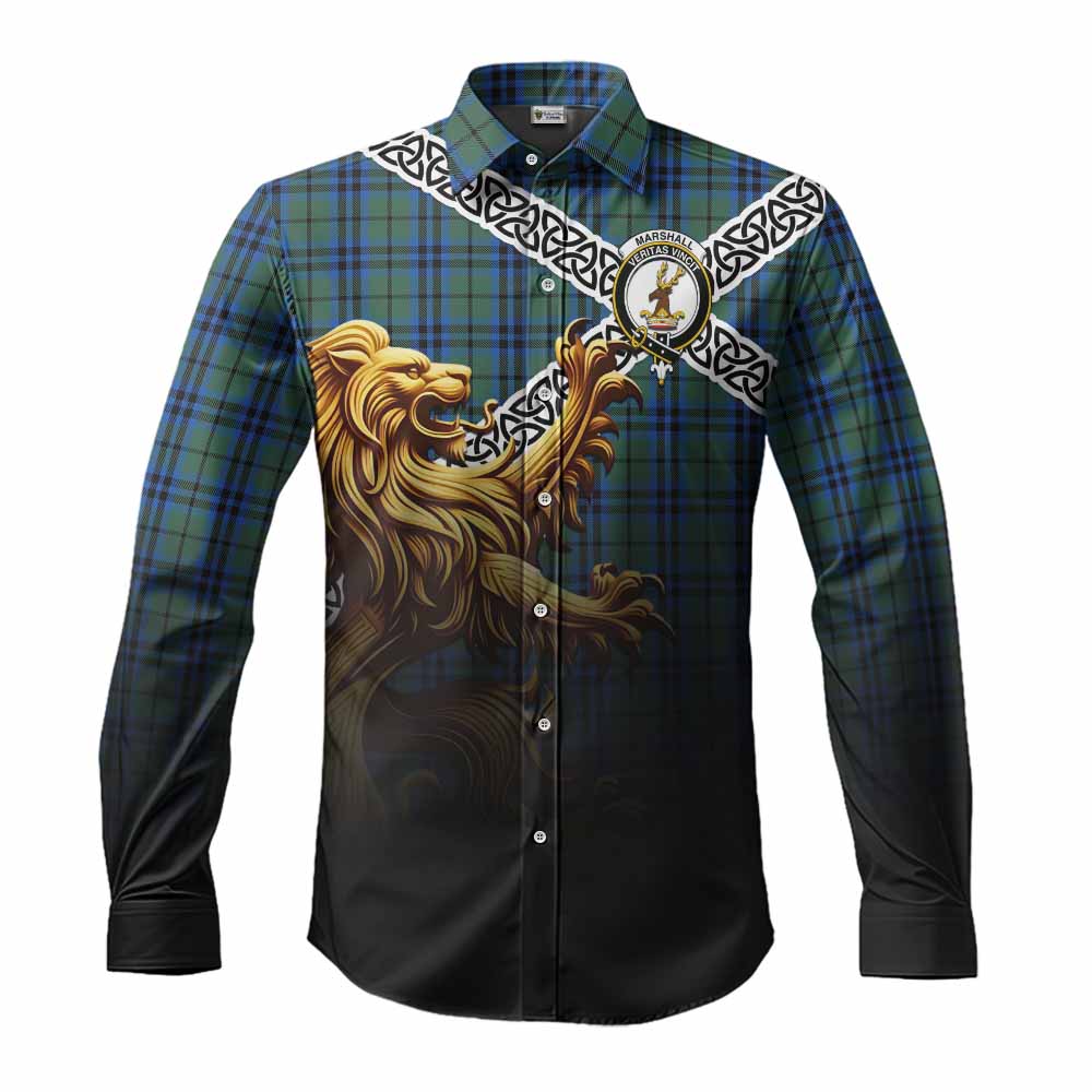 Tartan Vibes Clothing Marshall Crest Tartan Long Sleeve Button Shirt with Golden Lion Emblem Celtic Style