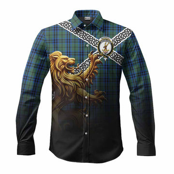 Marshall Crest Tartan Long Sleeve Button Shirt with Golden Lion Emblem Celtic Style
