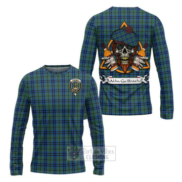 Tartan Vibes Clothing Marshall Tartan Long Sleeve T-Shirt with Family Crest and Bearded Skull Holding Bottles of Whiskey