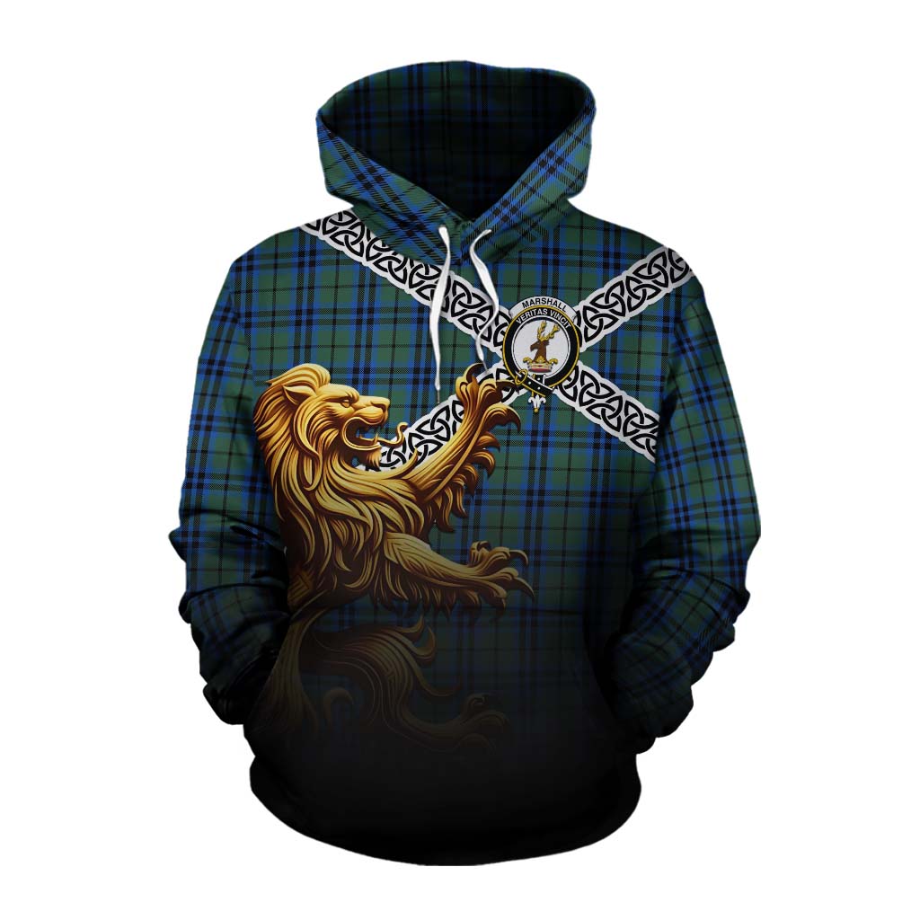Tartan Vibes Clothing Marshall Crest Tartan Cotton Hoodie with Golden Lion Emblem Celtic Style