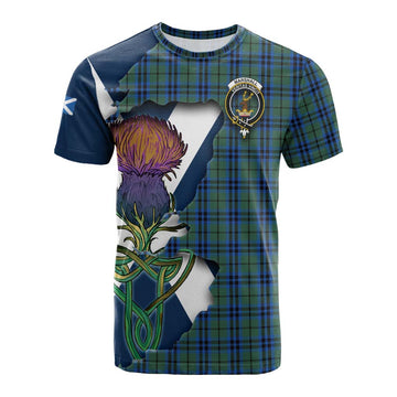Marshall Tartan Family Crest Cotton T-shirt Scottish Thistle Celtic Inspired