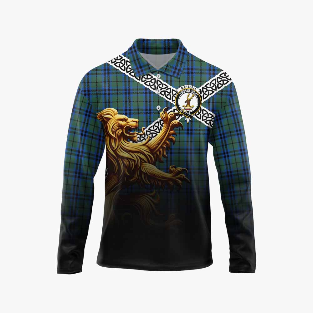 Tartan Vibes Clothing Marshall Crest Tartan Long Sleeve Polo Shirt with Golden Lion Emblem Celtic Style