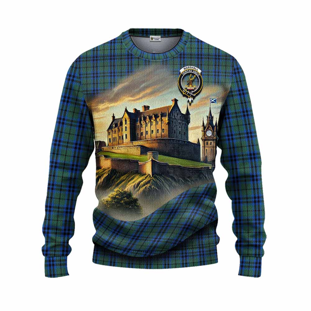 Tartan Vibes Clothing Marshall Tartan Family Crest Knitted Sweater with Scottish Ancient Castle Style
