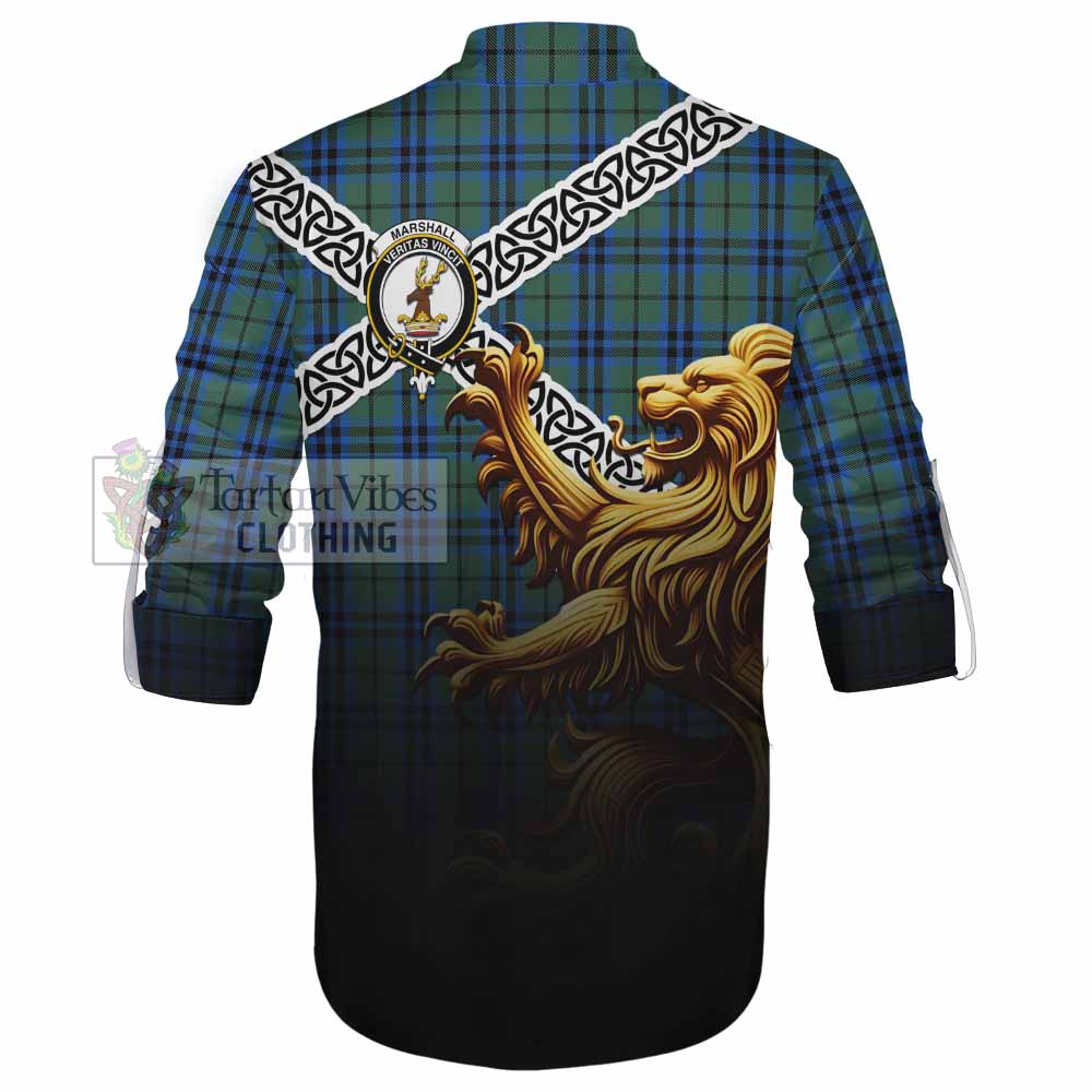 Tartan Vibes Clothing Marshall Crest Tartan Ghillie Kilt Shirt with Golden Lion Emblem Celtic Style