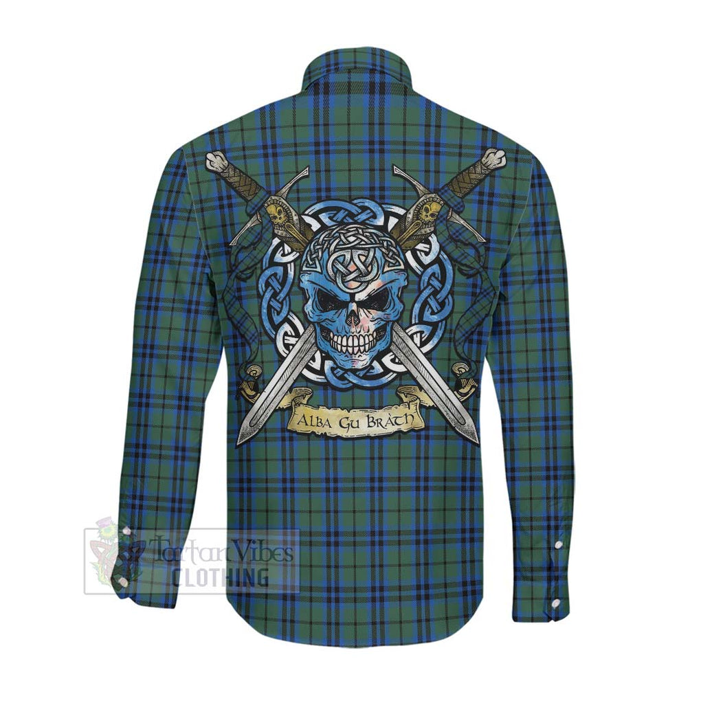 Tartan Vibes Clothing Marshall Tartan Long Sleeve Button Shirt with Family Crest Celtic Skull Style