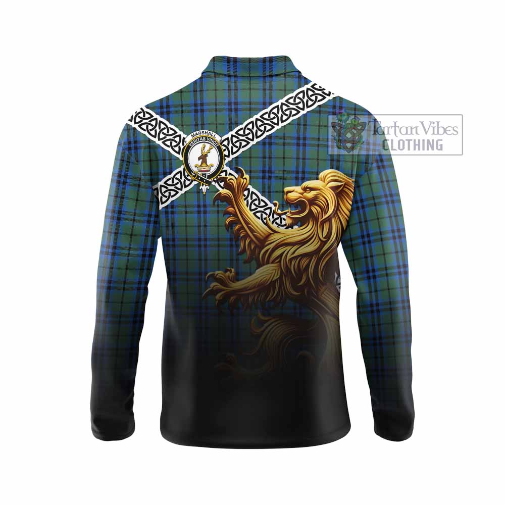 Tartan Vibes Clothing Marshall Crest Tartan Long Sleeve Polo Shirt with Golden Lion Emblem Celtic Style