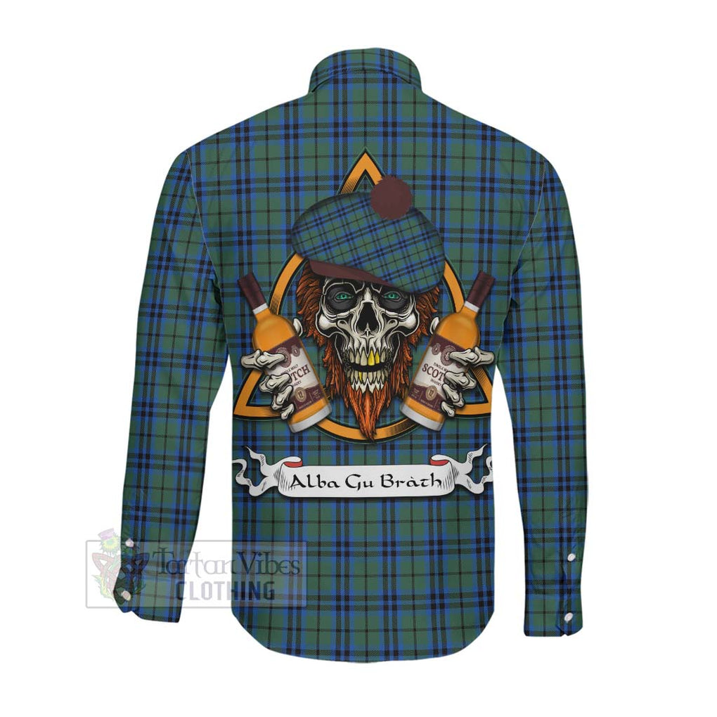 Tartan Vibes Clothing Marshall Tartan Long Sleeve Button Shirt with Family Crest and Bearded Skull Holding Bottles of Whiskey