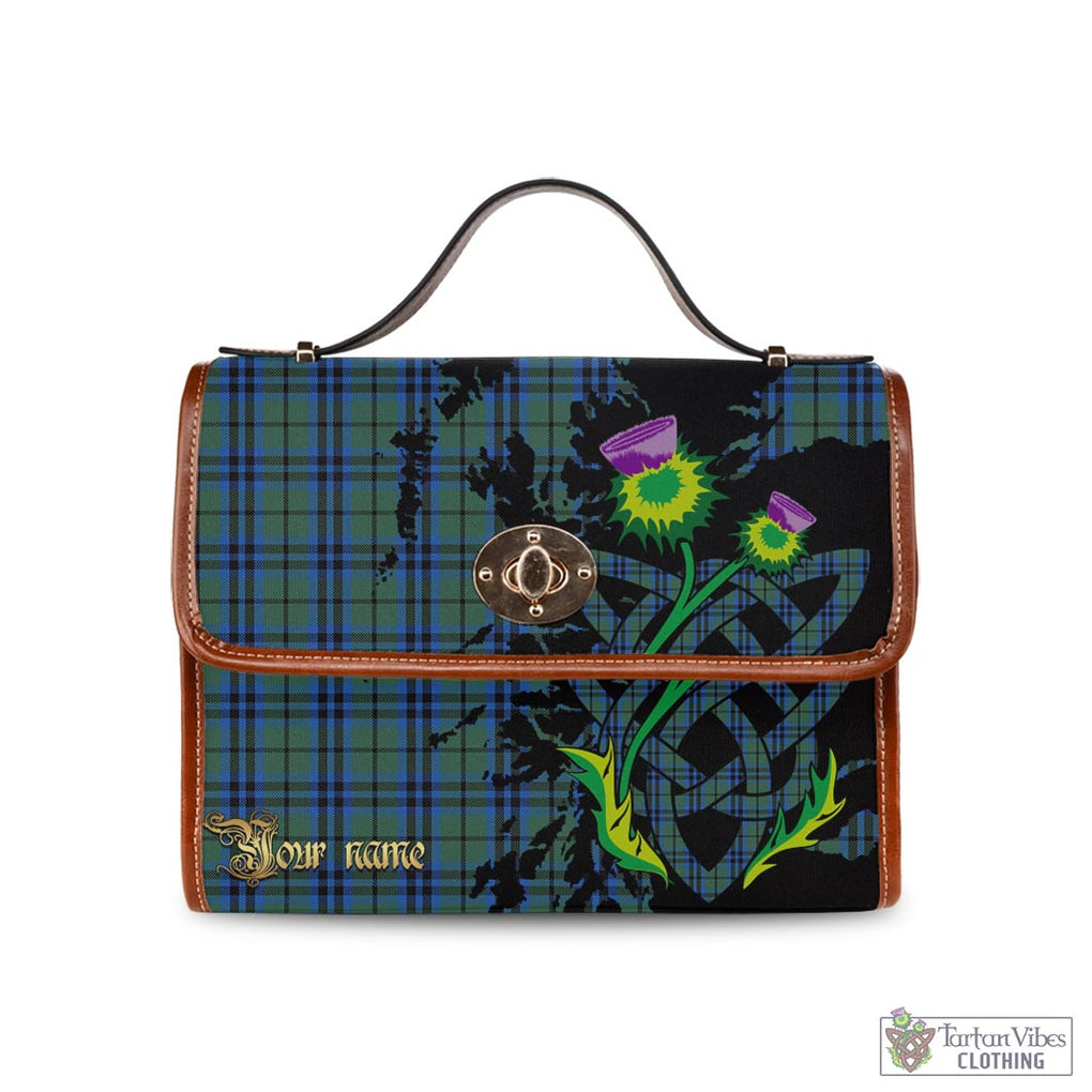 Marshall Tartan Waterproof Canvas Bag with Scotland Map and Thistle Celtic Accents Brown Leather Strap One Size 10.5*20*27cm - Tartan Vibes Clothing
