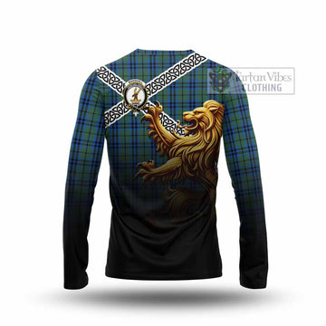 Tartan Vibes Clothing Marshall Crest Tartan Long Sleeve T-Shirt with Golden Lion Emblem Celtic Style