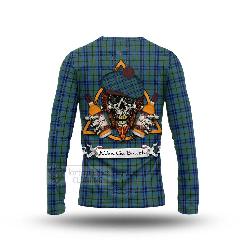 Tartan Vibes Clothing Marshall Tartan Long Sleeve T-Shirt with Family Crest and Bearded Skull Holding Bottles of Whiskey