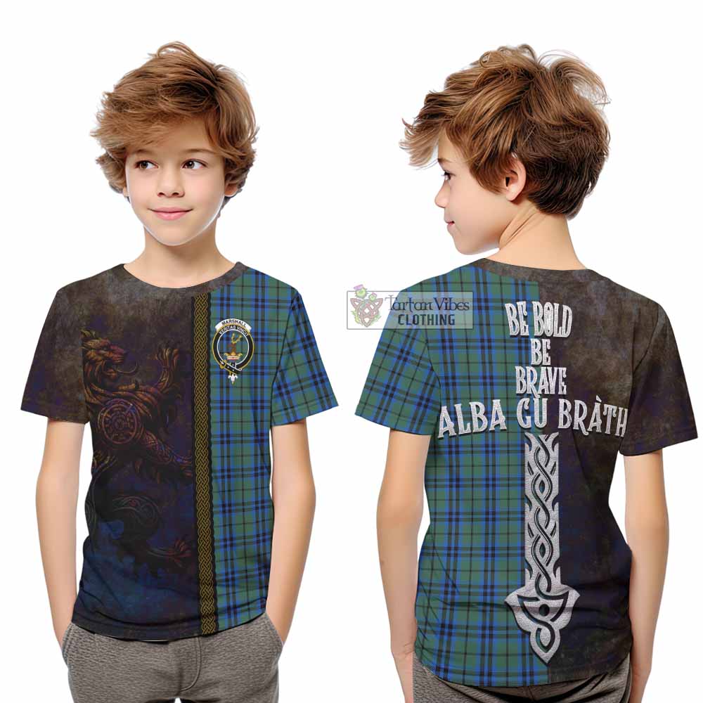 Tartan Vibes Clothing Marshall Tartan Family Crest Kid T-Shirt Alba Gu Brath Be Brave Lion Ancient Style