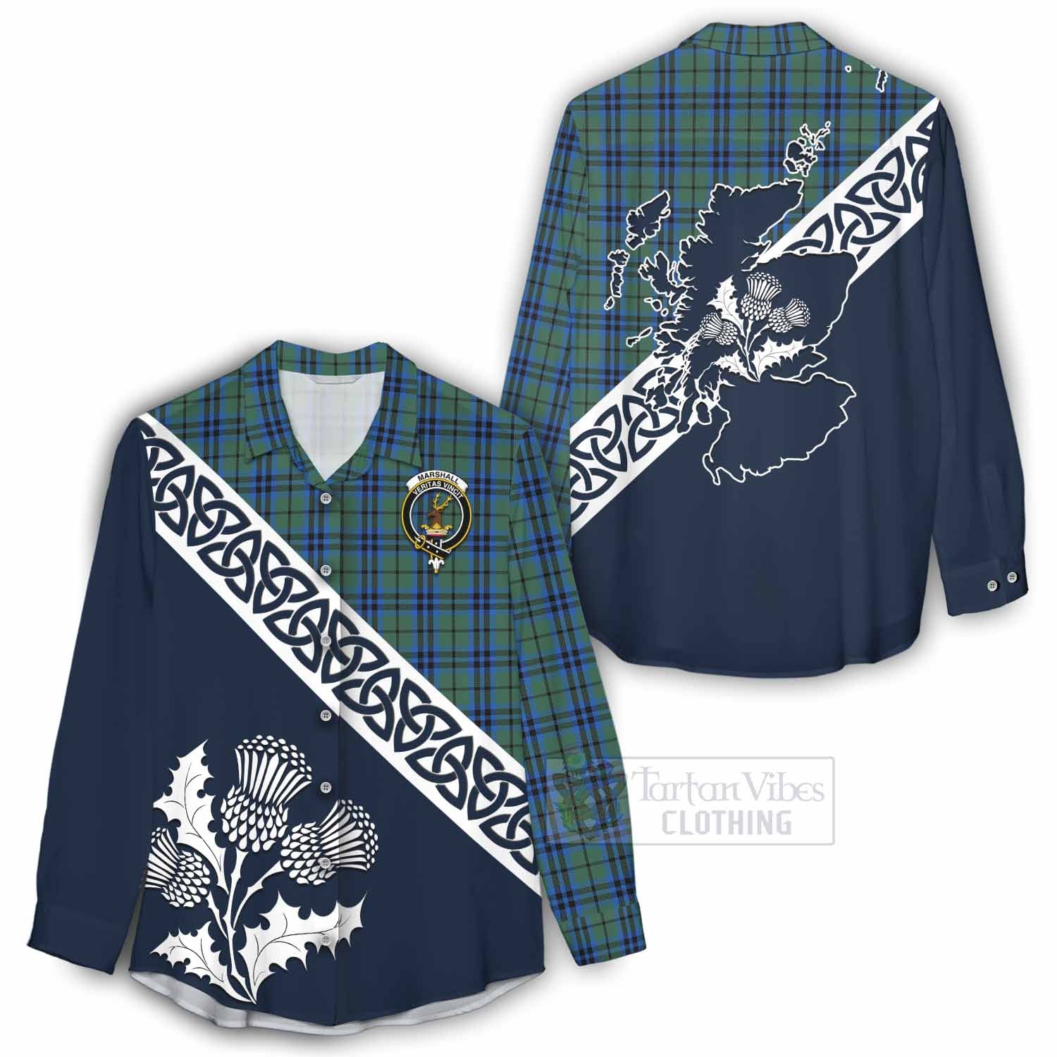 Tartan Vibes Clothing Marshall Tartan Women's Casual Shirt Featuring Thistle and Scotland Map
