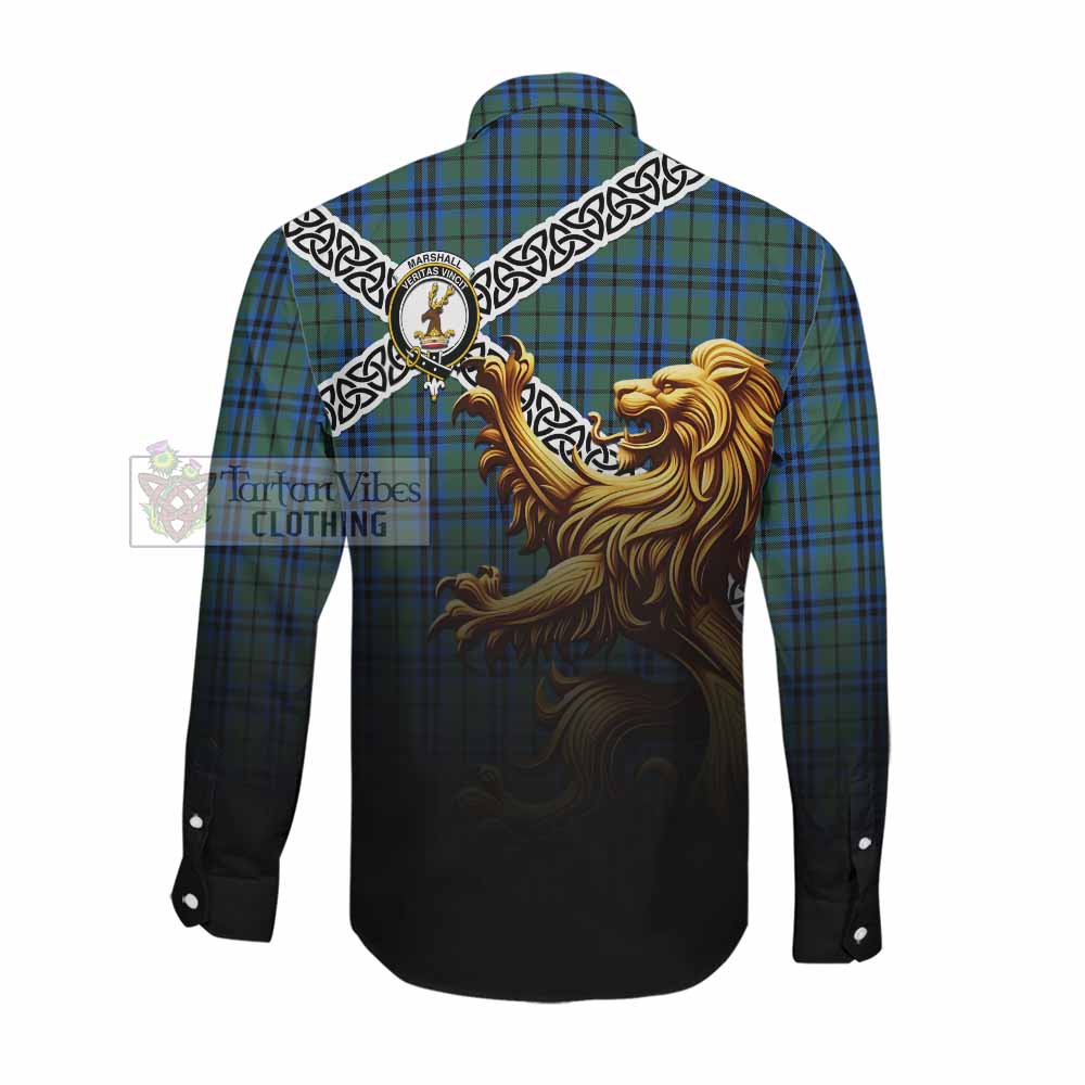 Tartan Vibes Clothing Marshall Crest Tartan Long Sleeve Button Shirt with Golden Lion Emblem Celtic Style