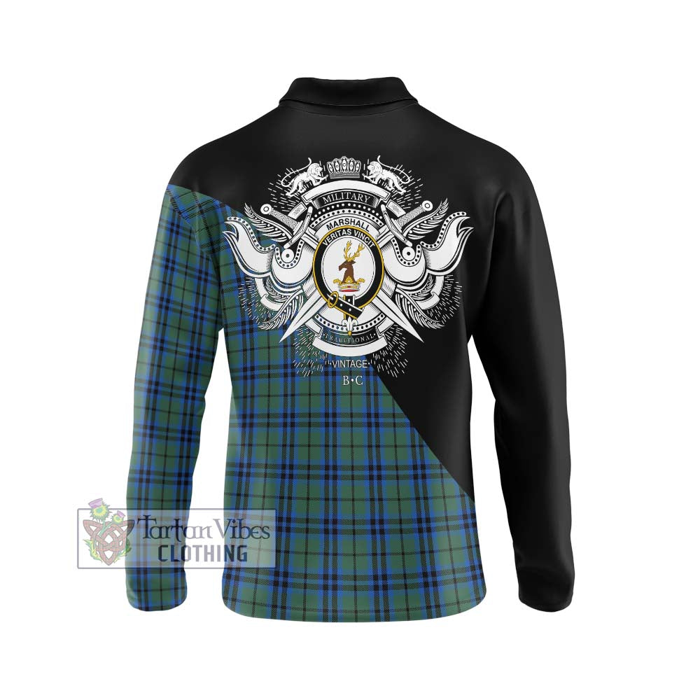 Marshall Tartan Long Sleeve Polo Shirt with Family Crest and Military Logo Style - Tartanvibesclothing Shop