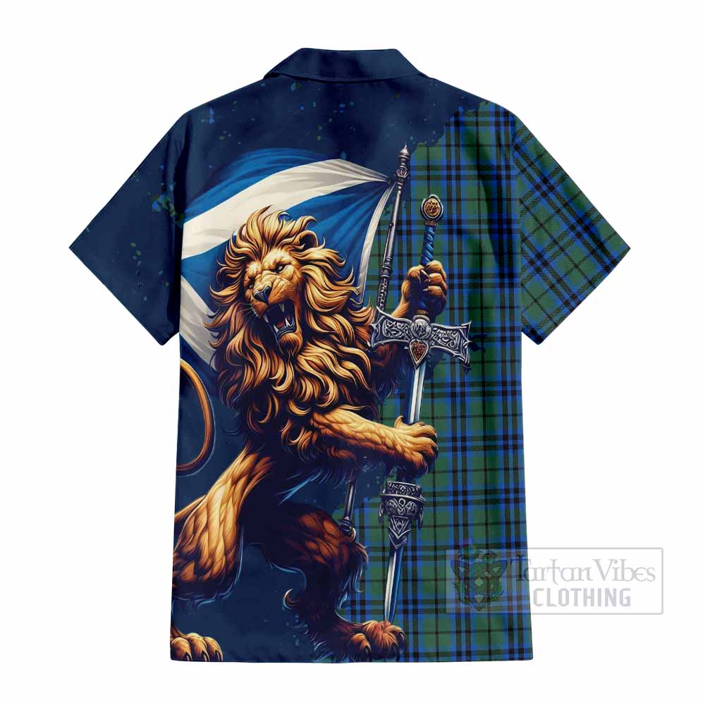 Tartan Vibes Clothing Marshall Tartan Family Crest Short Sleeve Button Shirt with Scottish Majestic Lion