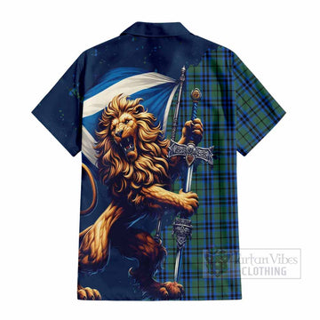 Tartan Vibes Clothing Marshall Tartan Family Crest Short Sleeve Button Shirt with Scottish Majestic Lion