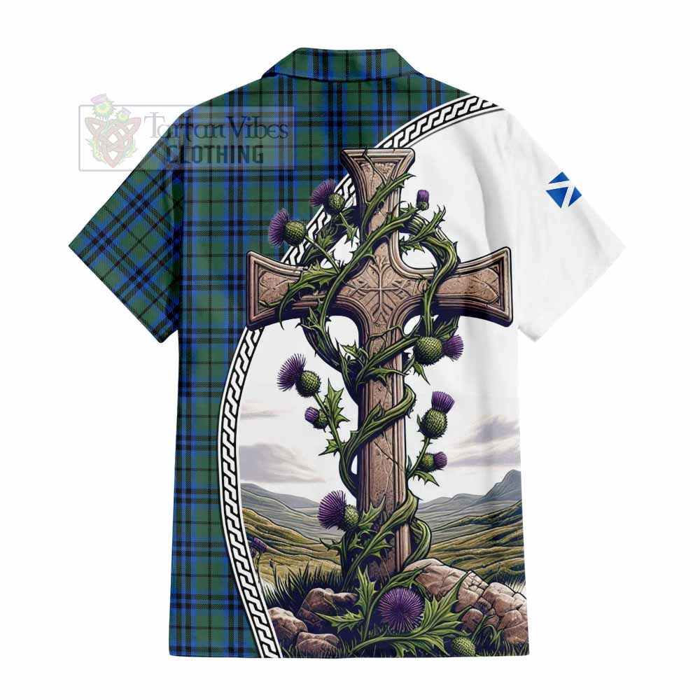 Tartan Vibes Clothing Marshall Tartan Short Sleeve Button Shirt with Family Crest and St. Andrew's Cross Accented by Thistle Vines